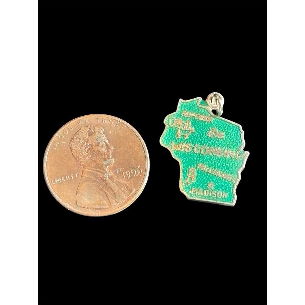 Vtg Sterling Silver Green Enamel Wisconsin State Charm 925 - Picture 3 of 4